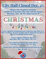 City Hall Closed Dec. 25, Christmas Day